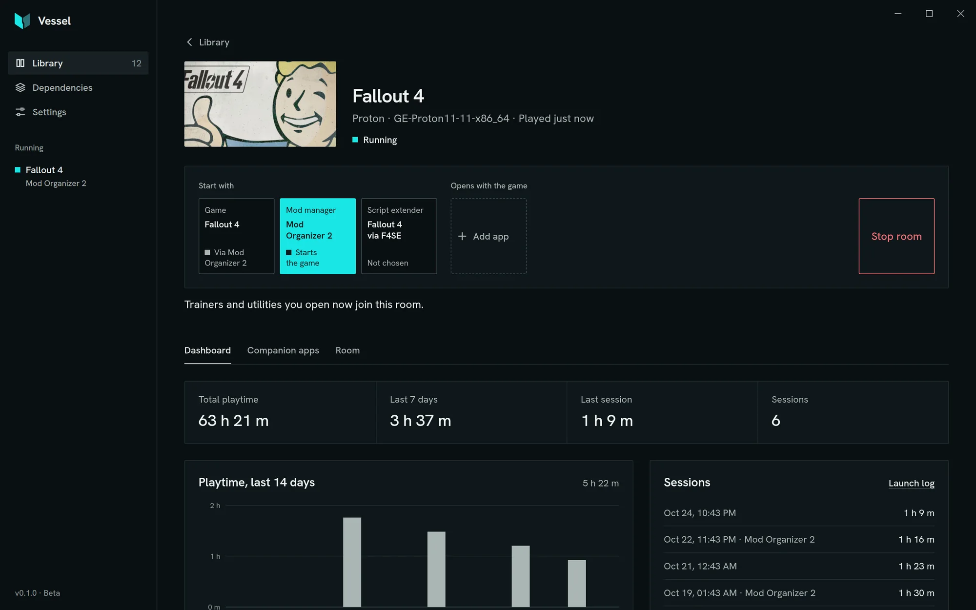 Fallout 4 running in Vessel, started through Mod Organizer 2, with its script extender listed beside it and a Stop room button.