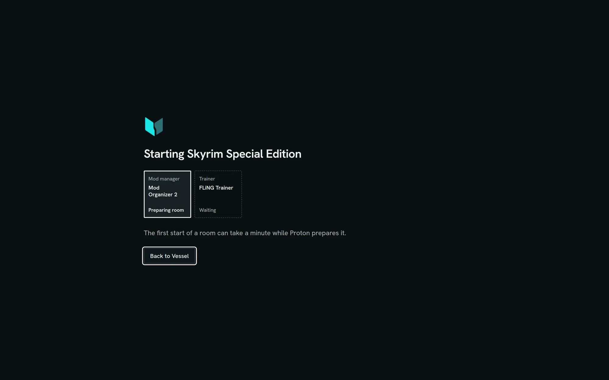 The Vessel launch screen: the room’s blocks fill one by one while Skyrim Special Edition starts.