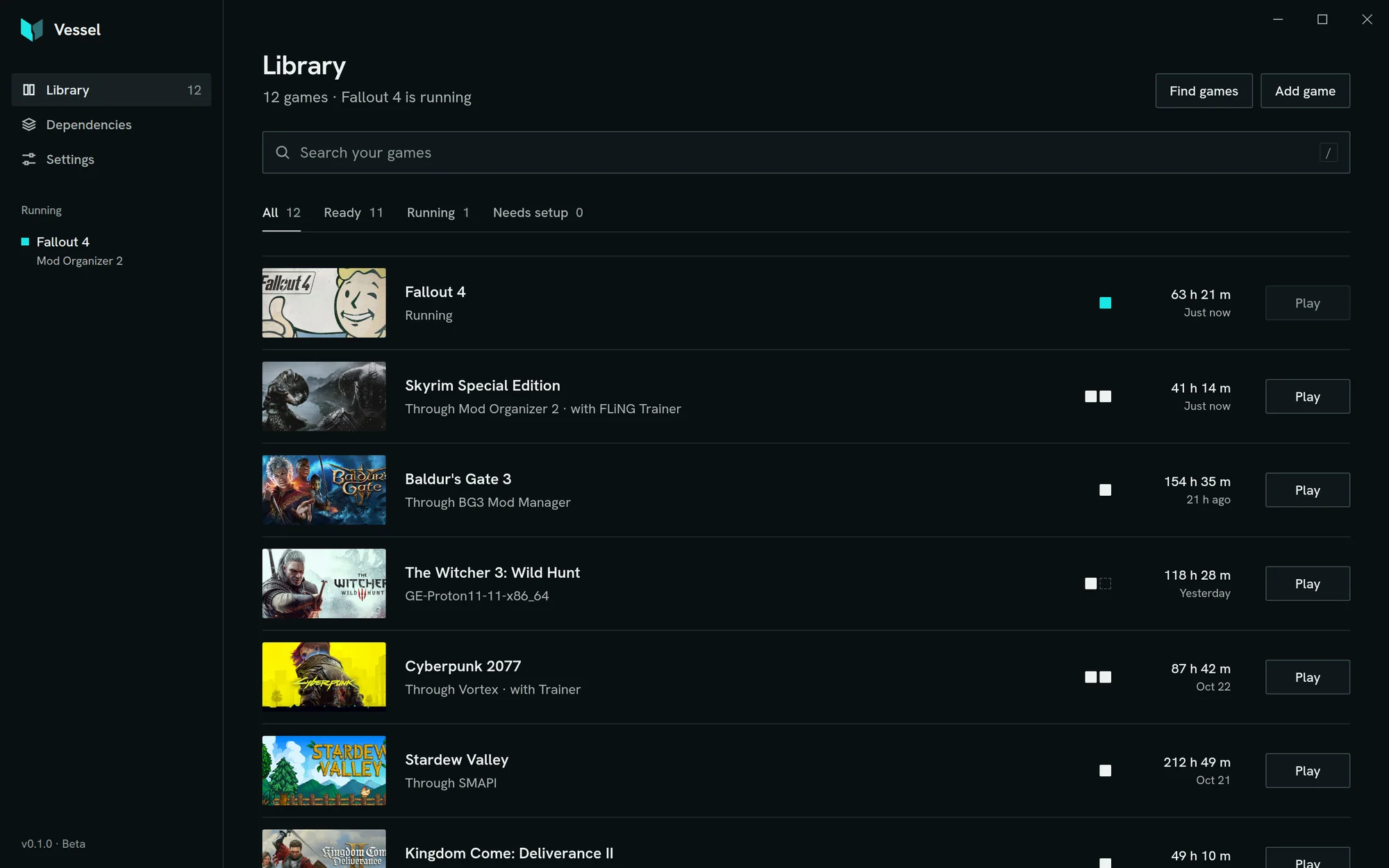 The Vessel library, night theme: twelve games with their artwork, how each one starts, playtime and a Play button. Fallout 4 is running.