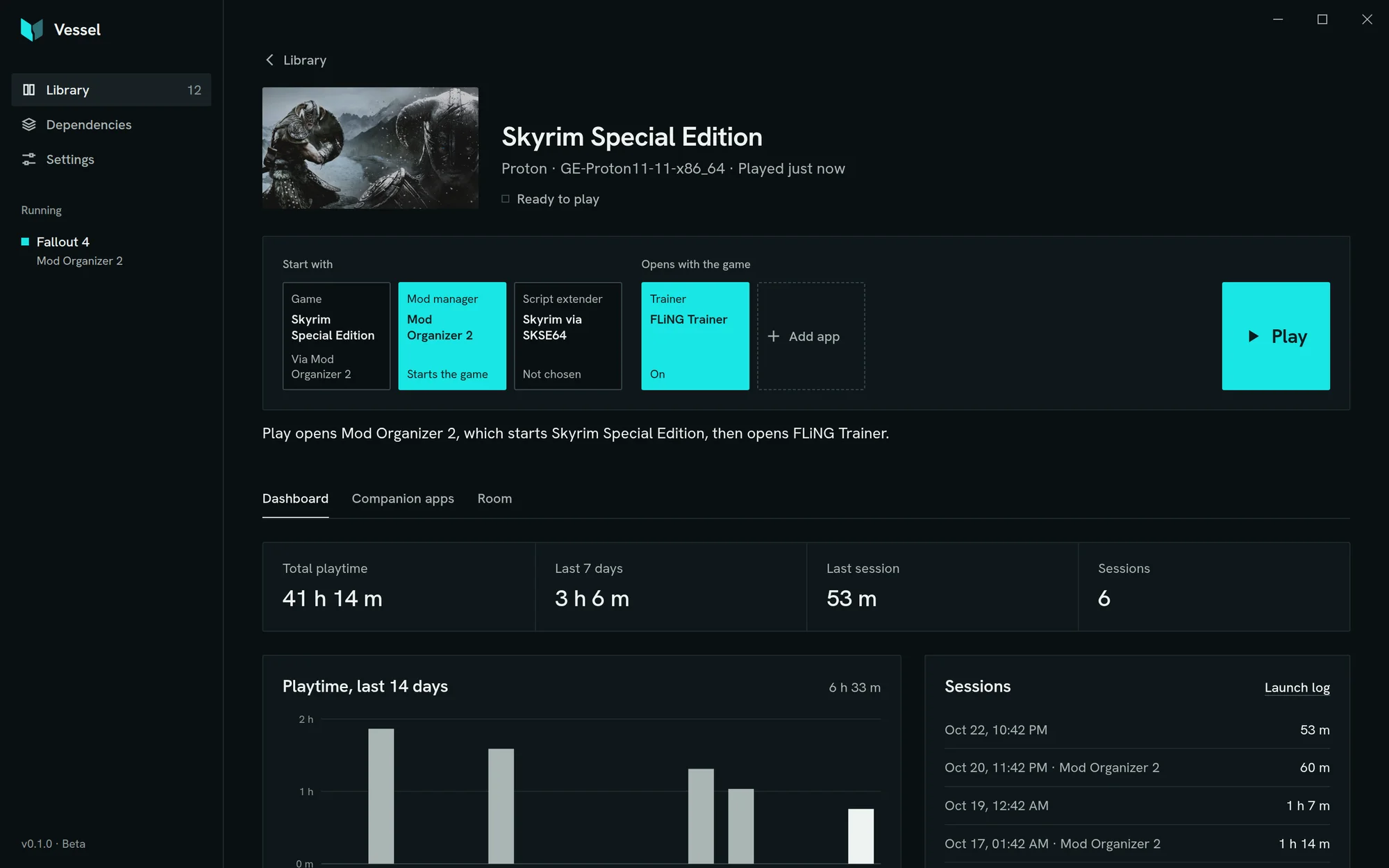 Skyrim Special Edition’s page in Vessel: its room strip, with Mod Organizer 2 chosen to start the game and a trainer set to open with it.